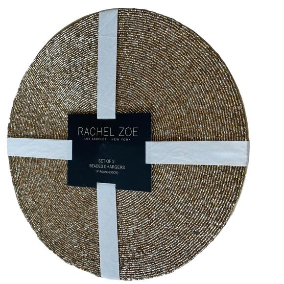 RACHEL ZOE Metallic GOLD Glass Beaded Charger Placemats 14" Round Set of 2 NEW - Picture 6 of 10